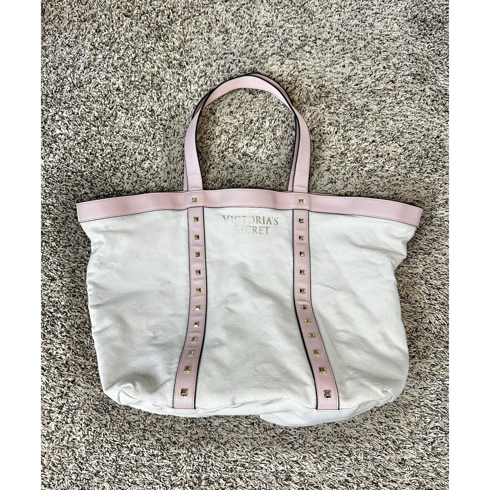 Victoria's Secret Getaway Tote Bag Weekender Canvas Purse Cream Pink‎ Gold Studs